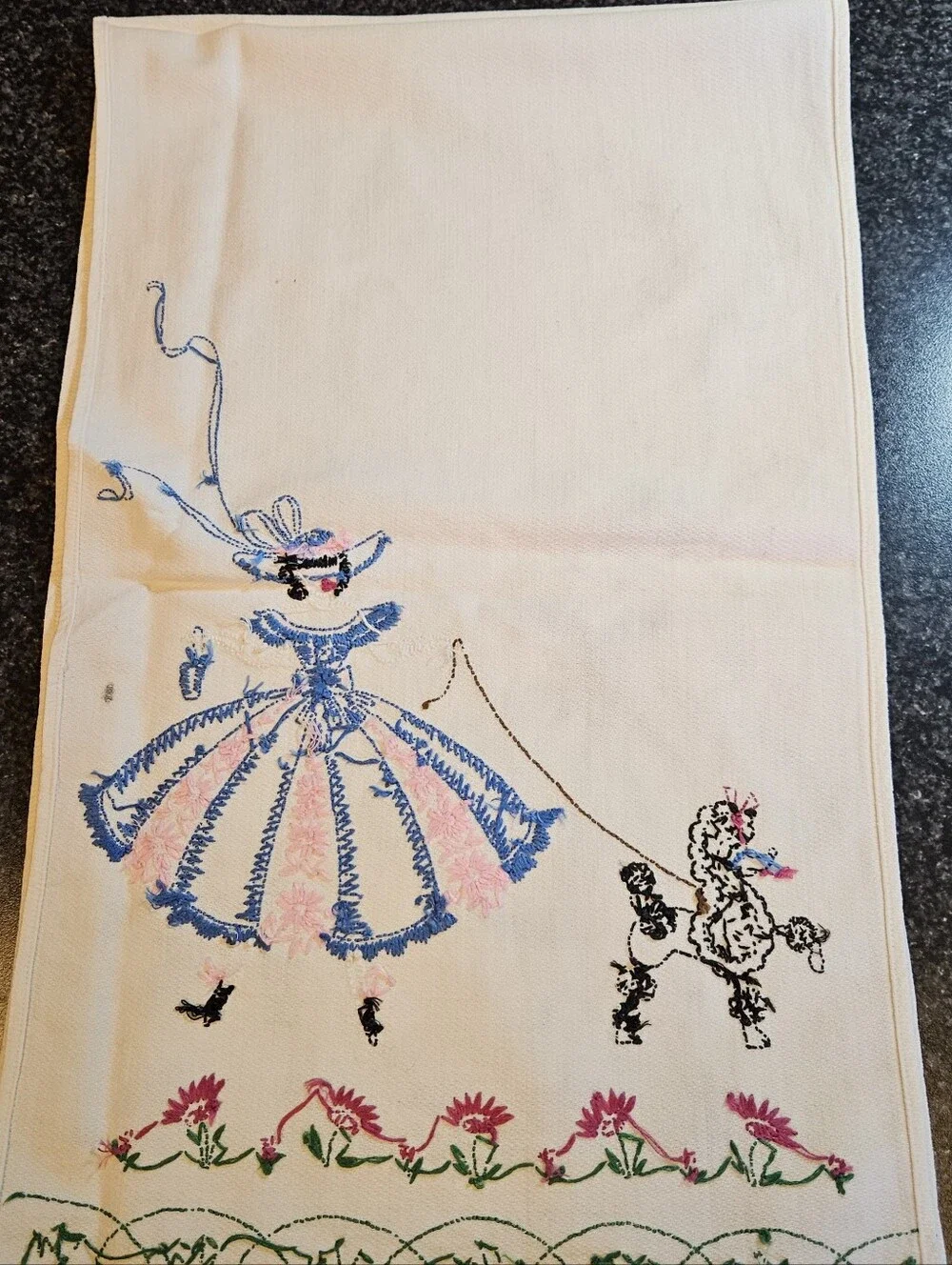 Vintage Embroidered Table Runner Poodle Lady Walk Dog MCM Mid Century